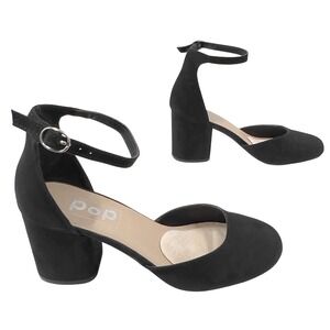 Pop Black Suede Ankle Strap Block Heel Pumps Women's Size 7.5M